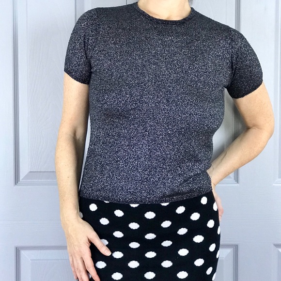 Vintage Tops - SILVER BLACK TOP SPARKLE silk SWEATER KNIT M